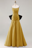 Fuchsia Ruched A Line Strapless Ruched Long Prom Dress with Large Bow