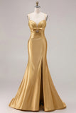 Mermaid Satin Fuchsia Ruched Spaghetti Straps Long Prom Dress with Slit