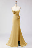 Green Strapless Mermaid 3D Flower Satin Long Prom Dress with Slit