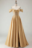 Off the Shoulder Satin Purple A Line Prom Dress