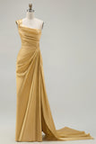 One Shoulder Green Ruched Satin Sheath Long Prom Dress with Slit