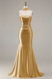 Strapless Mermaid Champagne Beaded Satin Long Prom Dress with Ribbon