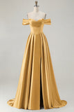Blue Off the Shoulder A Line Satin Bridesmaid Dress