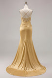 Mermaid Satin Fuchsia Ruched Spaghetti Straps Long Prom Dress with Slit
