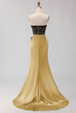 Black Green Mermaid Strapless Lace Ruched Long Prom Dress With Slit