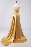 Royal Blue A Line Beaded Strapless Ruched Long Prom Dress with Slit