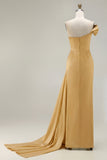 One Shoulder Green Ruched Satin Sheath Long Prom Dress with Slit