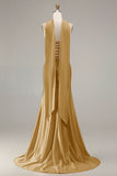 Champagne Beaded Neck Scarf Mermaid Prom Dress