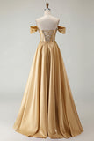Off the Shoulder Satin Purple A Line Prom Dress