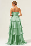 Blue A-Line Strapless Tiered Pleated Ruffled Floor Length Dress