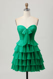 Cute Light Yellow Strapless Tiered A Line Short Prom Dress with Bow