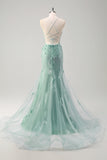 Blue Mermaid Spaghetti Straps Corset Long Prom Dress With Appliques