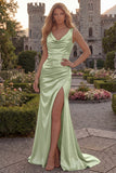 Burgundy V Neck Mermaid Ruched Long Prom Dress with Slit