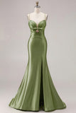 Mermaid Satin Fuchsia Ruched Spaghetti Straps Long Prom Dress with Slit