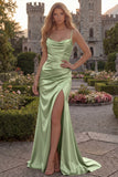 Burgundy Mermaid Spaghetti Straps Satin Long Prom Dress