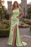 Burgundy One Shoulder Mermaid Ruched Long Prom Dress with Slit