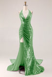 Sparkly Fuchsia Halter Long Prom Dress with Side Cape