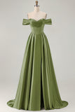 Blue Off the Shoulder A Line Satin Bridesmaid Dress
