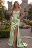 Sweetheart Burgundy Mermaid Ruched Long Prom Dress with Slit