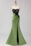 Black Green Mermaid Strapless Lace Ruched Long Prom Dress With Slit