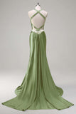 Sparkly Dark Green Mermaid Halter Corset Long Sequin Prom Dress
