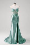 Blue Mermaid Strapless Corset Floral Long Prom Dress With Slit