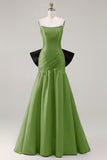 Fuchsia Ruched A Line Strapless Ruched Long Prom Dress with Large Bow
