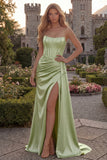 Strapless Appliqued Burgundy Corset Mermaid Long Prom Dress with Slit