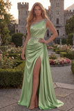 One Shoulder Burgundy Beaded Mermaid Long Prom Dress with Slit