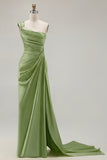 One Shoulder Green Ruched Satin Sheath Long Prom Dress with Slit
