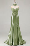 Mermaid Blue Corset Sweetheart Convertible Satin Long Prom Dress with Streamer