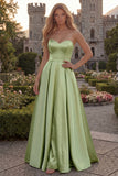 Burgundy Strapless A Line Satin Long Prom Dress