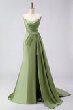 Royal Blue A Line Beaded Strapless Ruched Long Prom Dress with Slit
