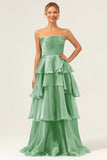 Blue A-Line Strapless Tiered Pleated Ruffled Floor Length Dress