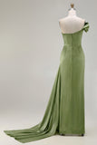 One Shoulder Green Ruched Satin Sheath Long Prom Dress with Slit
