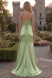 Strapless Appliqued Burgundy Corset Mermaid Long Prom Dress with Slit