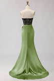 Black Green Mermaid Strapless Lace Ruched Long Prom Dress With Slit