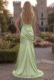 Burgundy V Neck Mermaid Ruched Long Prom Dress with Slit