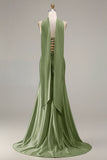 Champagne Beaded Neck Scarf Mermaid Prom Dress