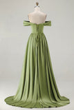 Blue Off the Shoulder A Line Satin Bridesmaid Dress