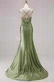 Mermaid Satin Fuchsia Ruched Spaghetti Straps Long Prom Dress with Slit