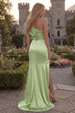 Burgundy One Shoulder Mermaid Ruched Long Prom Dress with Slit