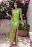 Sparkly Gold Halter Sheath Midi Dress with Slit