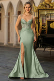 Sparkly Mermaid Satin Corset Dusty Blue Prom Dress