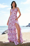 Grey Purple A Line Print Floral Lace Up Back Bridesmaid Dress with Slit