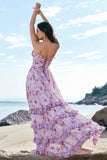 Grey Purple A Line Print Floral Lace Up Back Bridesmaid Dress with Slit