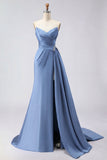 Royal Blue A Line Beaded Strapless Ruched Long Prom Dress with Slit