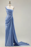 One Shoulder Green Ruched Satin Sheath Long Prom Dress with Slit