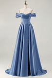 Blue Off the Shoulder A Line Satin Bridesmaid Dress