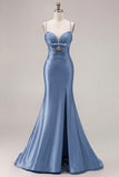 Mermaid Satin Fuchsia Ruched Spaghetti Straps Long Prom Dress with Slit